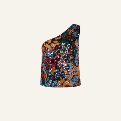 FLORAL SEQUIN ONE-SHOULDER TOP - MULTI