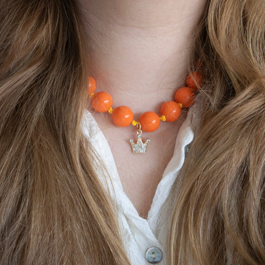 BIG BEADS CROWN KETTING - ORANJE/GOUD