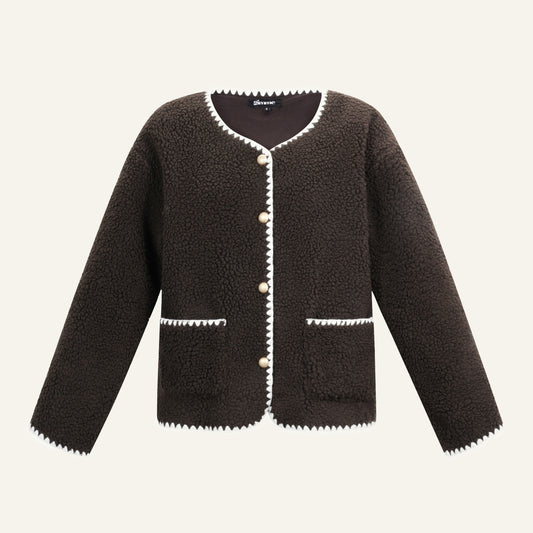FLUFFY JACKET - DONKERBRUIN